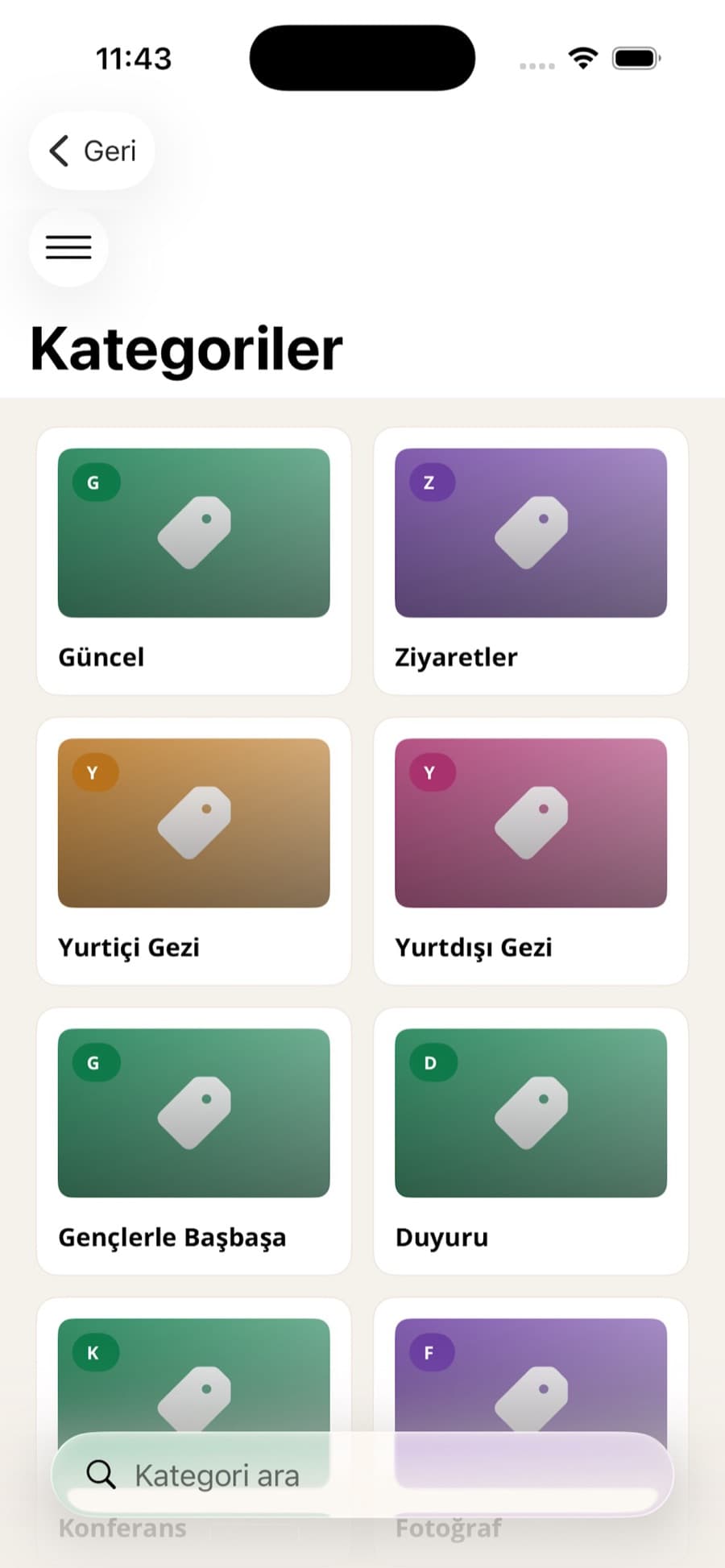 Kategoriler ekranı