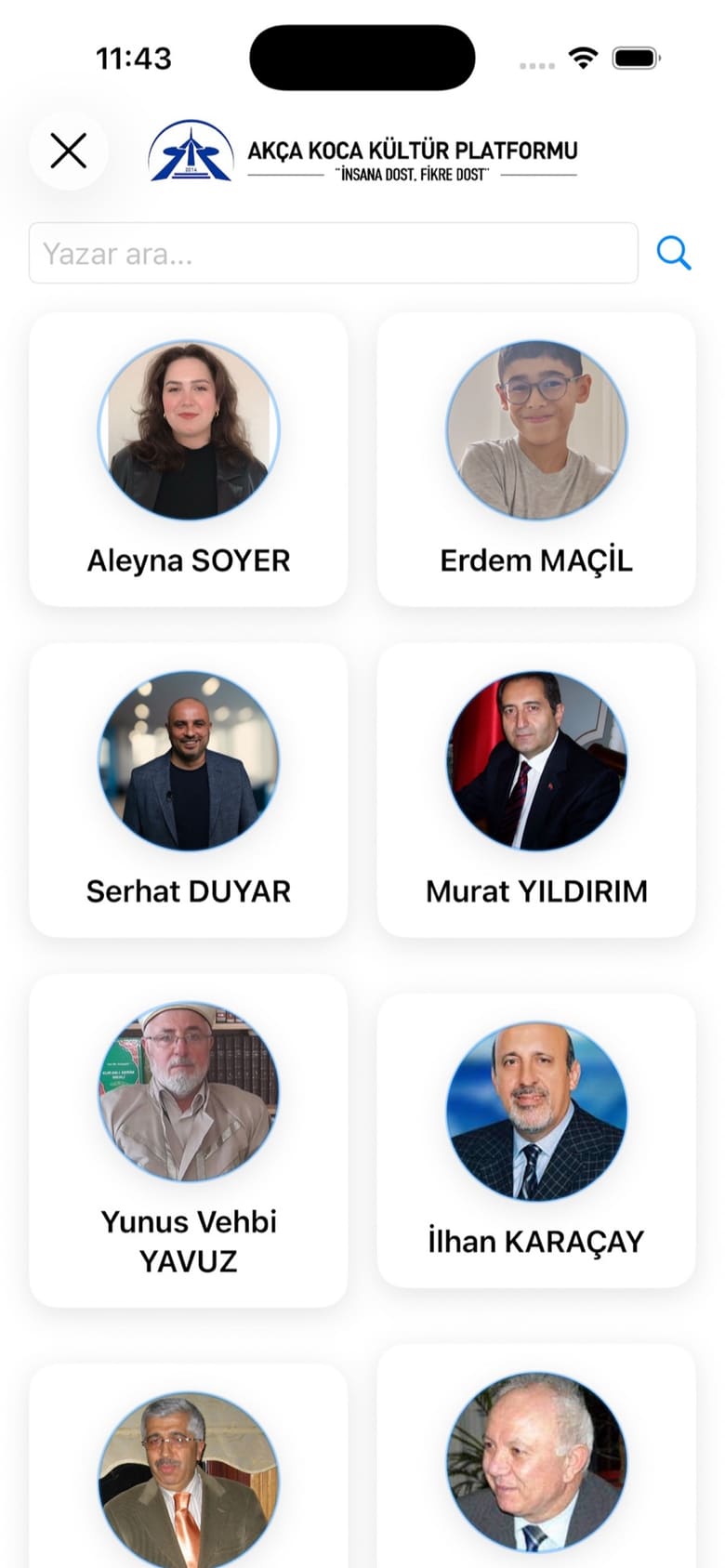 Yazar dizini ekranı